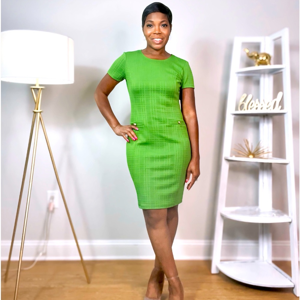 GOLD BUTTON GREEN SHIFT MINI DRESS
